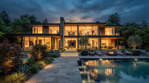 Contemporary hillside estate at twilight with floor-to-ceiling glass, limestone walls and an infinity pool