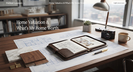 Architectural desk workspace with blueprints, marble and walnut swatches, and a leather-bound portfolio