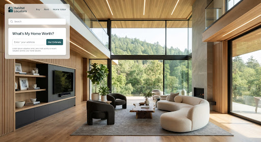 High-end modern luxury living room with a double-height glass wall overlooking a green forest hill