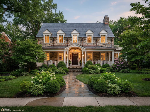 Immaculate renovated stone colonial home in Bethesda Maryland, featuring slate roof, symmetrical dormers, gas lanterns illuminating a stone path, framed by lush mature landscaping