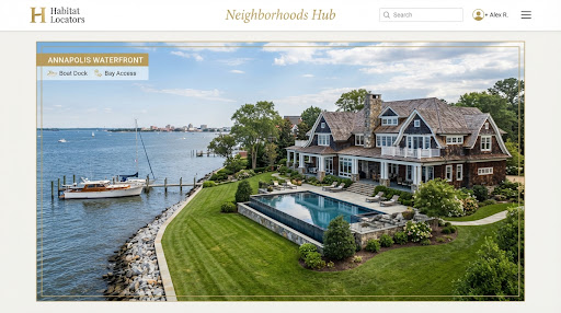 Annapolis waterfront shingle-style coastal estate with private deepwater boat dock, infinity edge pool reflecting Chesapeake skies, manicured green lawn extending to shoreline