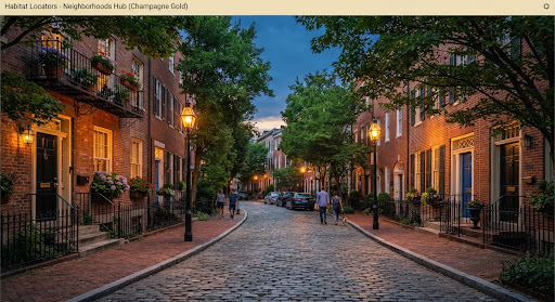 Historic cobblestone street lined with brick Federal townhomes in Georgetown Washington DC, adorned with wrought iron railings, mature green trees, and golden evening gaslight streetlamps