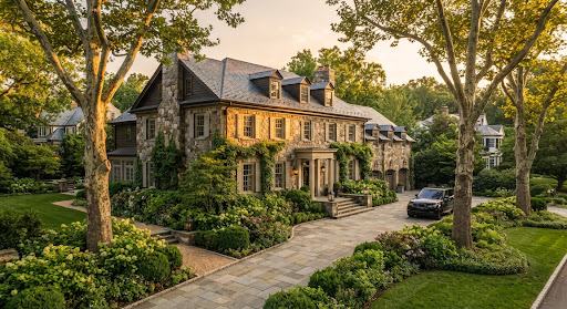 Elegant luxury stone colonial residence in Chevy Chase Bethesda Maryland surrounded by lush landscaped gardens, stately sycamore trees, flagstone motor court, bathed in warm golden hour sunlight
