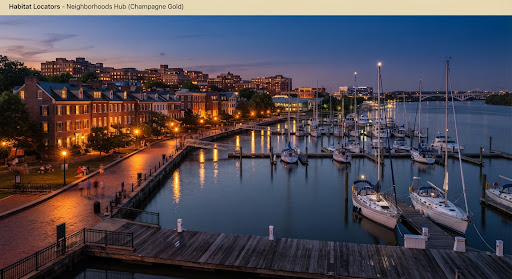 Scenic Potomac riverfront view of Old Town Alexandria with restored 18th-century townhouses, wooden marina piers, anchored sailboats at dusk, with ambient amber streetlights reflecting in calm river